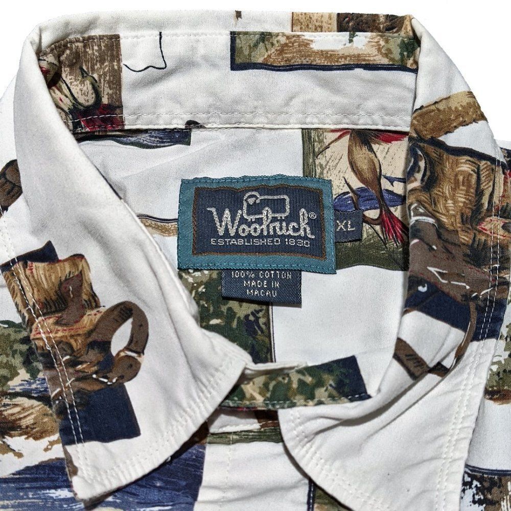 Woolrich Fishing Themed Short Sleeve Shirt XL animal print